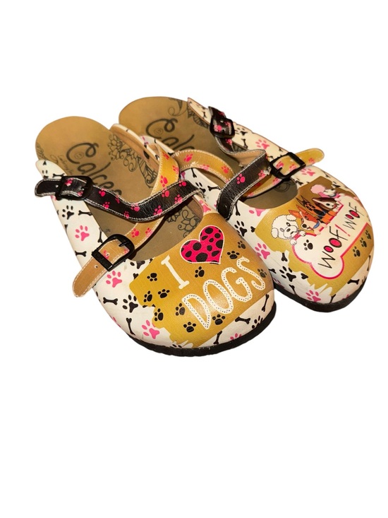 Calico Shoes - Calceo Dog Print Clogs EU 41 US 10 Leather Comfort Cute Slip On Sandals